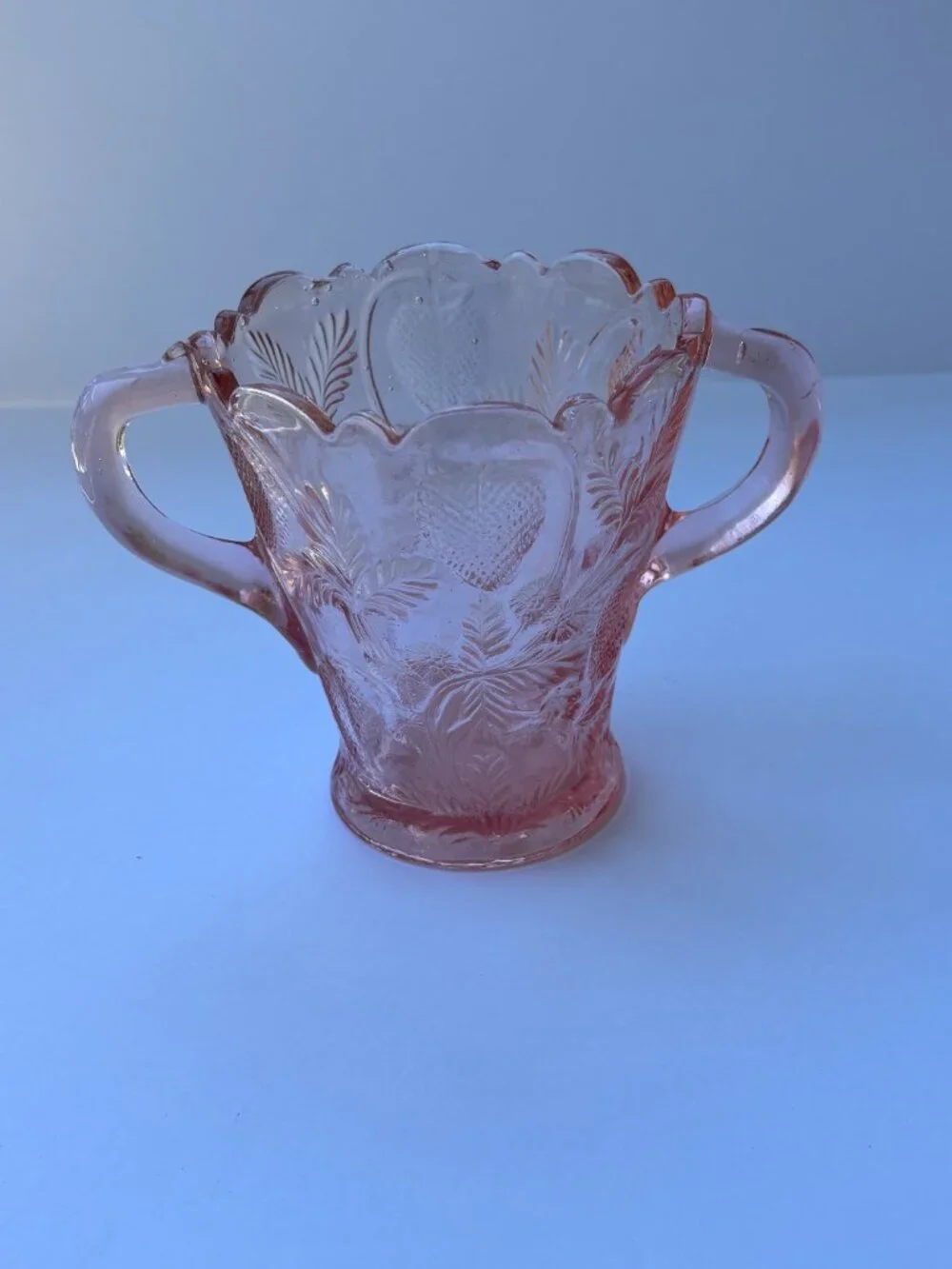 Vintage Fenton Pink Glass Inverted Strawberry Double Handle Vase Spooner